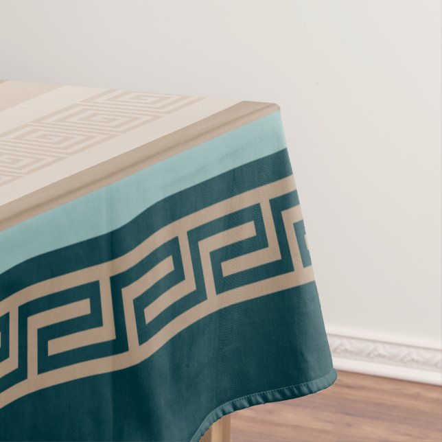 Greek Key - Meander - Taupe and Green Tablecloth (In Situ)