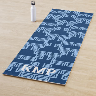 Greek Key Meander Tier in Blue Indigo Personalized Yoga Mat