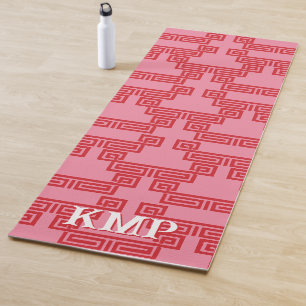 Greek Key Meander Tier in Pink + Red Personalized Yoga Mat