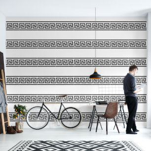 Greek Key Minimalist Black on White Designer Wallpaper