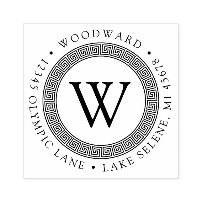 Greek Key Monogram Round Return Address Rubber Stamp (Imprint)