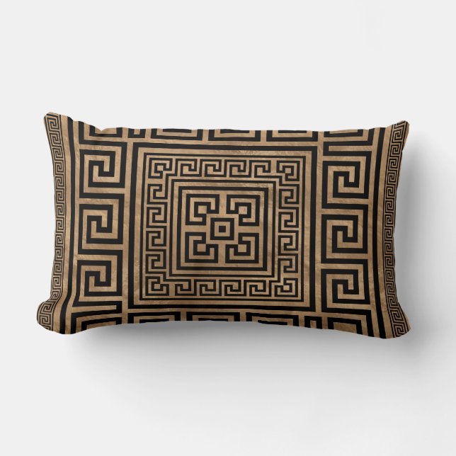 Greek Key Ornament - Greek Meander -Black on gold Lumbar Pillow (Front)