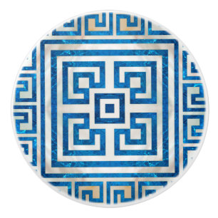 Greek Key Ornament - Greek Meander - Blue Marble Ceramic Knob