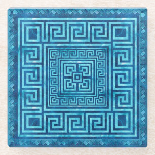 Greek Key Ornament - Greek Meander - Blue Marble Glass Coaster