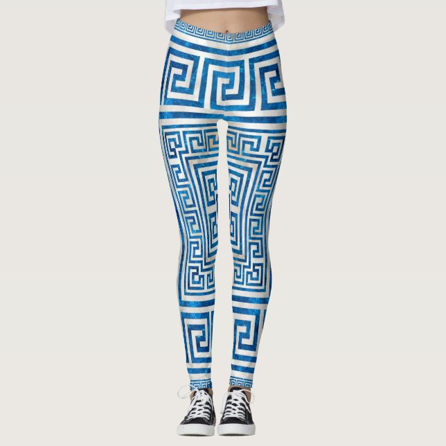 Greek Key Ornament - Greek Meander - Blue Marble Leggings (Front)