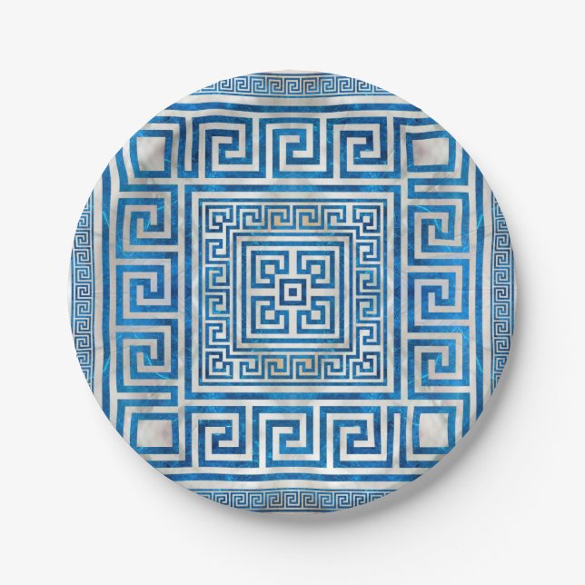 Greek Key Ornament - Greek Meander - Blue Marble Paper Plate (Front)