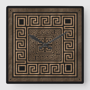 Greek Key Ornament - Greek Meander -Gold on Black Square Wall Clock