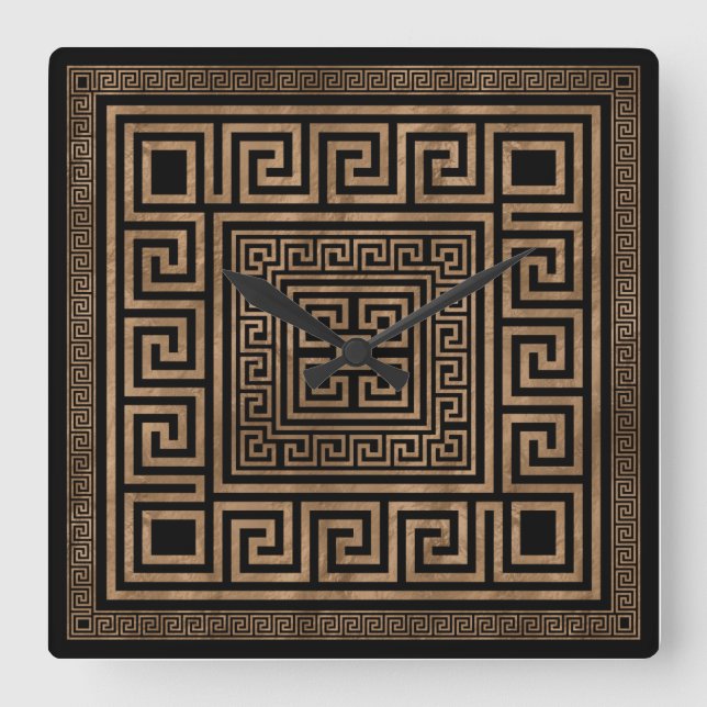Greek Key Ornament - Greek Meander -Gold on Black Square Wall Clock (Front)