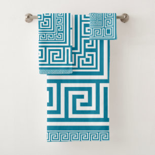 Greek Key Ornament - White on teal Bath Towel Set