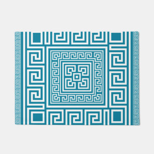 Greek Key Ornament - White on teal Doormat
