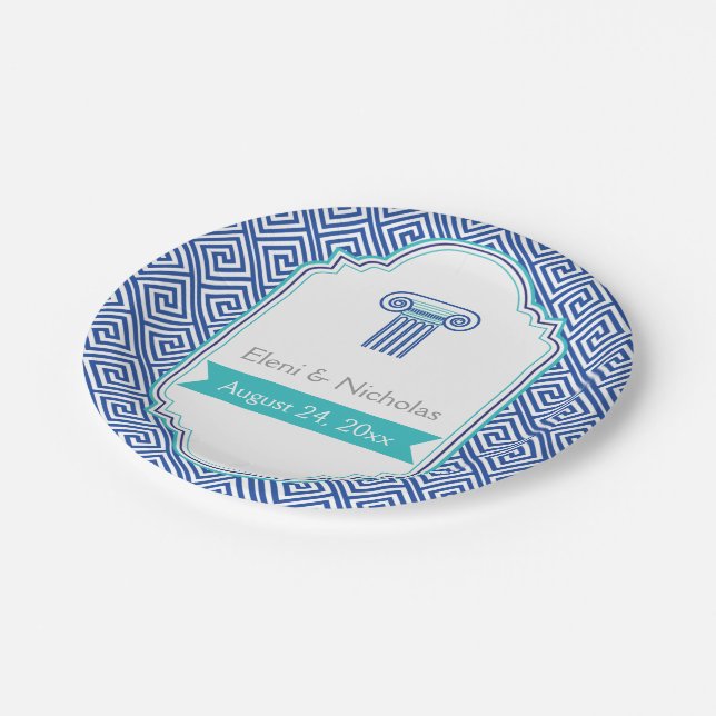 Greek key pattern and aqua blue column wedding paper plate (Angled)