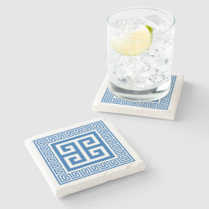 Greek Key Pattern Blue And White Design Stone Coaster