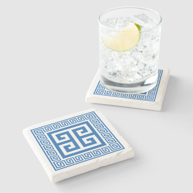 Greek Key Pattern Blue And White Design Stone Coaster (Side)
