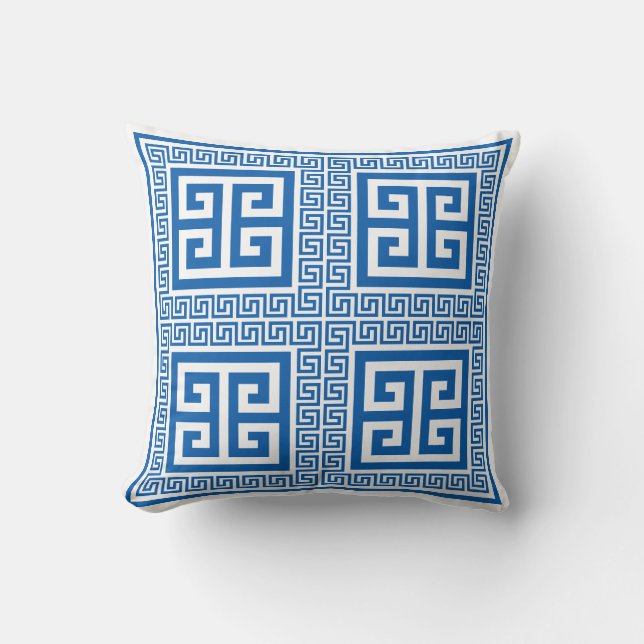Greek Key Pattern Blue And White Throw Pillow (Front)