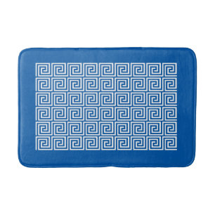 Greek Key Pattern, Cerulean Blue and White Bath Mat