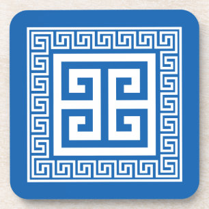 Greek Key Pattern White And Blue Design Coaster