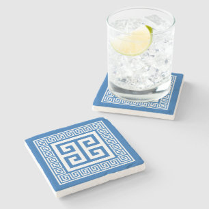 Greek Key Pattern White And Blue Design Stone Coaster