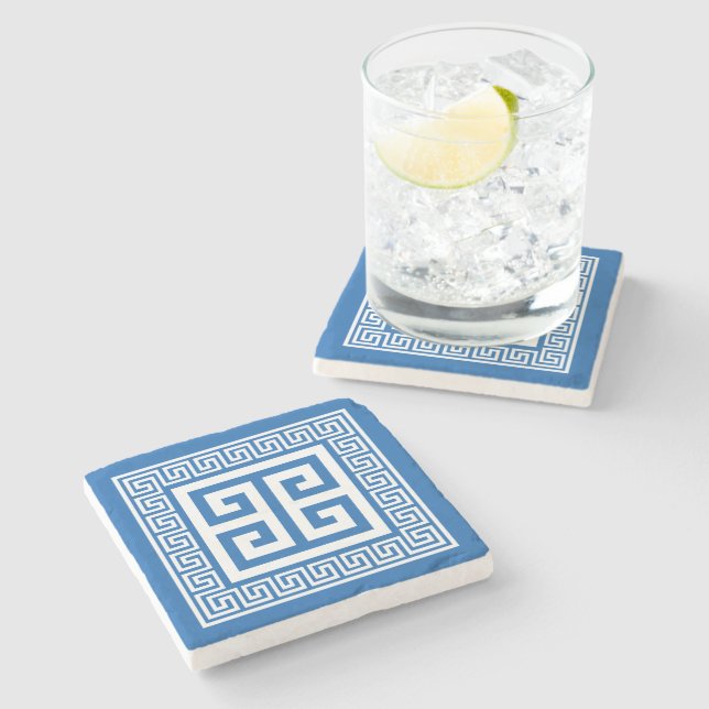 Greek Key Pattern White And Blue Design Stone Coaster (Side)