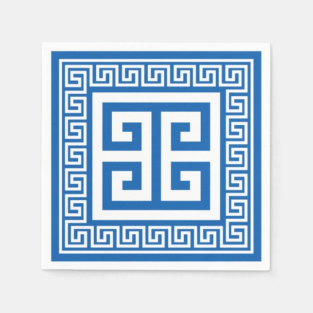 Greek Key Pattern White And Blue Paper Napkins (Front)