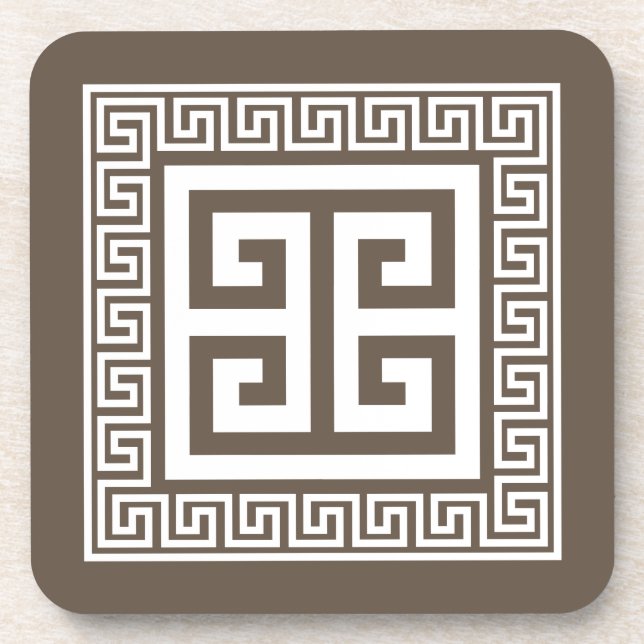 Greek Key Pattern White And Brown Design Coaster (Front)