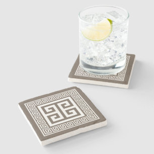 Greek Key Pattern White And Brown Design Stone Coaster