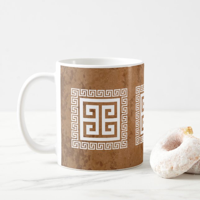 Greek Key Pattern White Design Coffee Mug (With Donut)