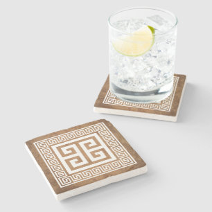 Greek Key Pattern White Design Stone Coaster
