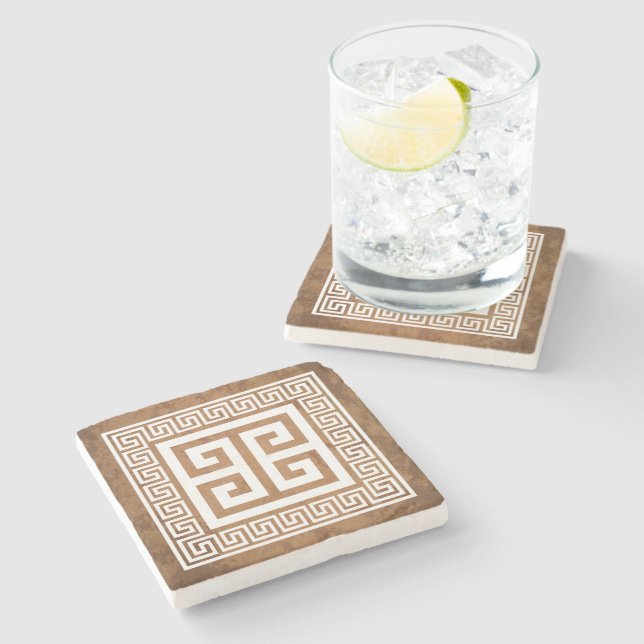 Greek Key Pattern White Design Stone Coaster (Side)