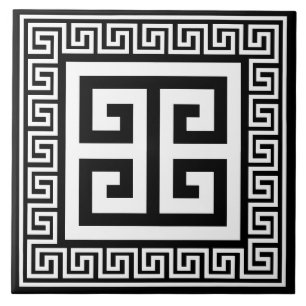 Greek Key Pattern White On Black Design Tile