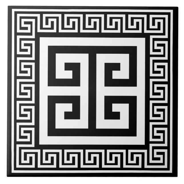 Greek Key Pattern White On Black Design Tile (Front)