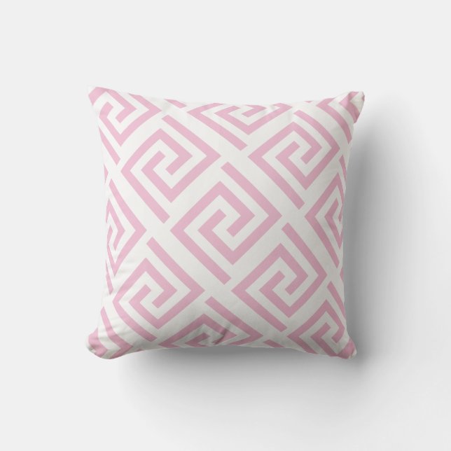 Greek Key Patterns Blush Pink White Custom Colour Outdoor Pillow (Front)
