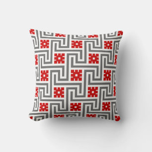 Greek Key, Red, White and Grey / Grey  Throw Pillow