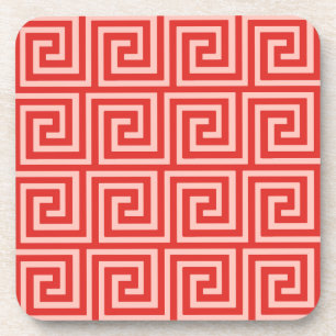 Greek Key, shades of coral pink Coaster