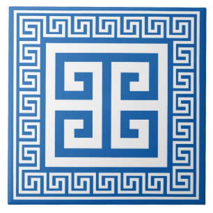 Greek Key White And Blue Pattern Ceramic Tile