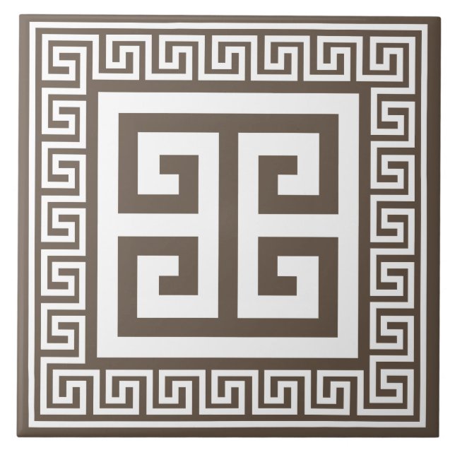 Greek Key White And Brown Pattern Ceramic Tile (Front)