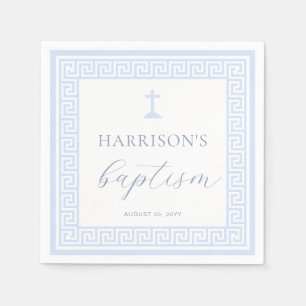 Greek Key White Blue Baptism Napkin