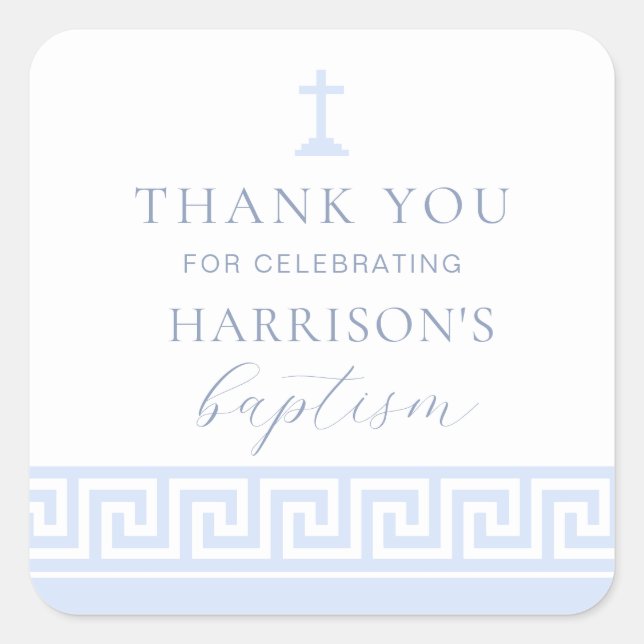 Greek Key White Blue Baptism Thank You Square Sticker (Front)