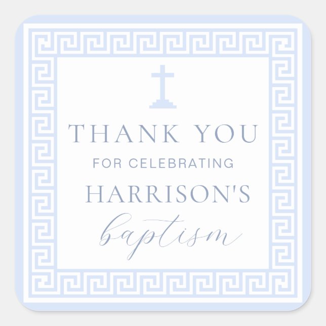 Greek Key White Blue Baptism Thank You Square Sticker (Front)