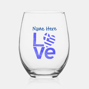 Greek LOVE Blue Personalized Stemless Wine Glass