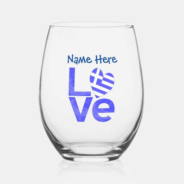 Greek LOVE Blue Personalized Stemless Wine Glass (Front)