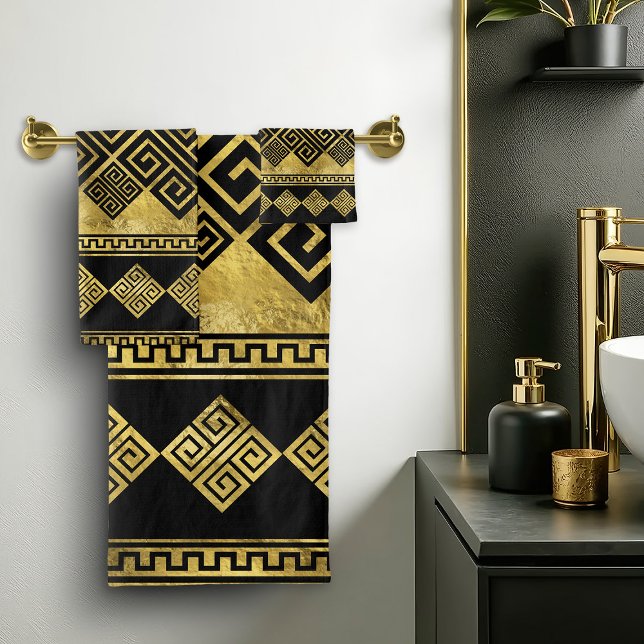Greek Meander - Greek Key Black and gold Bath Towel Set (Creator Uploaded)