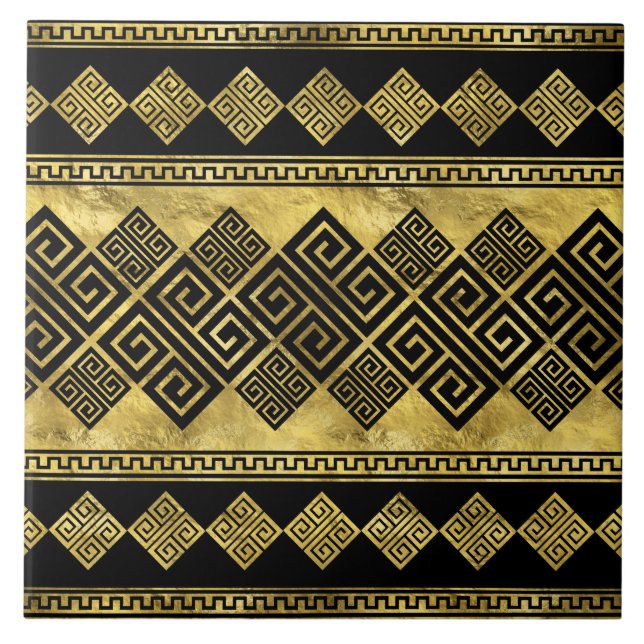 Greek Meander - Greek Key Black and gold Tile (Front)