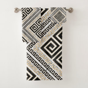 Greek Meander - Greek Key Black and White Marble Bath Towel Set