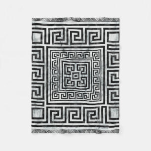 Greek Meander - Greek Key Black and White Marble Fleece Blanket