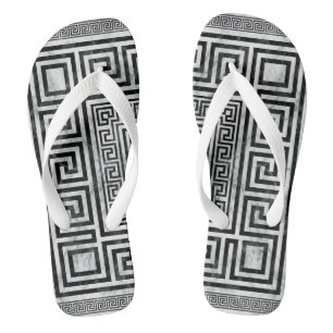 Greek Meander - Greek Key Black and White Marble Flip Flops