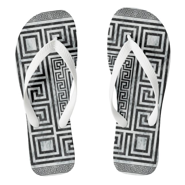 Greek Meander - Greek Key Black and White Marble Flip Flops (Footbed)