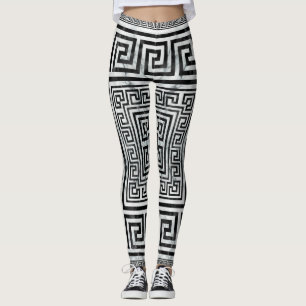 Greek Meander - Greek Key Black and White Marble Leggings
