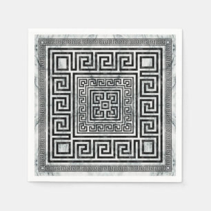 Greek Meander - Greek Key Black and White Marble Napkin
