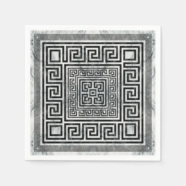 Greek Meander - Greek Key Black and White Marble Napkin (Front)