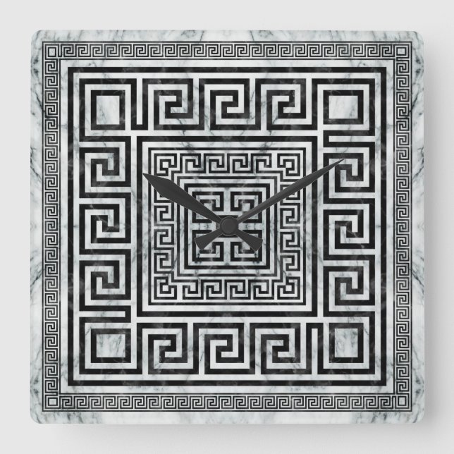 Greek Meander - Greek Key Black and White Marble Square Wall Clock (Front)